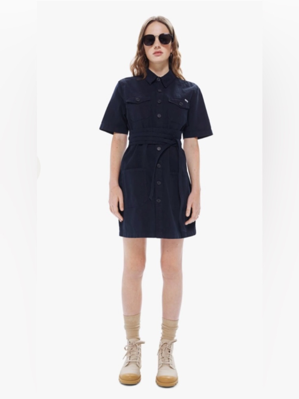 MOTHER Wrapped Up Mini Dress Black Caviar Sz L Button Front Denim